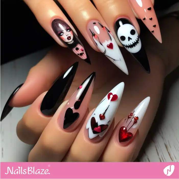 Horror Theme Nail Design with Hearts for Love Day | Valentine Nails - NB2167